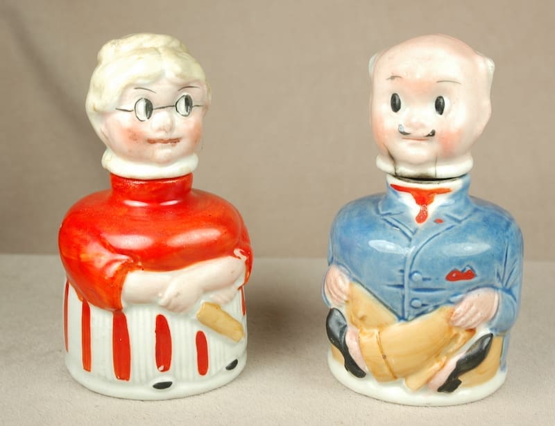 Ceramic salt and pepper shakers, elderly couple.