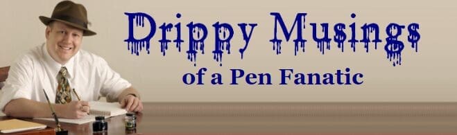 Man writing with pen, "Drippy Musings" text. Man writing with pen, "Drippy Musings" text.