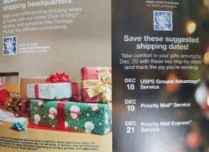 Holiday gifts with suggested shipping dates.