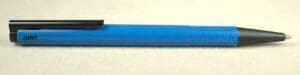 Blue ballpoint pen with black clip.