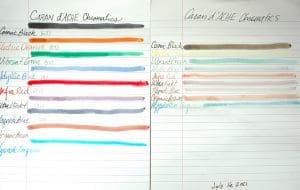 Color swatches on lined paper, handwritten notes.