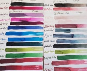 Color swatches with handwritten labels on paper.