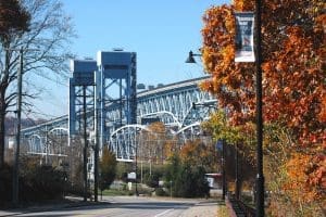 Bridge and autumn trees on a clear day.