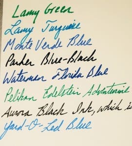 Handwritten ink color samples on paper.
