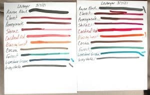 Ink color swatches with handwritten labels.