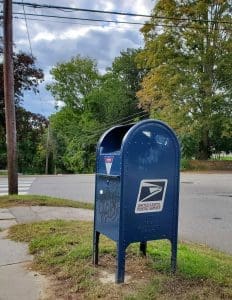 Blue mailbox by the roadside, trees background.