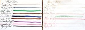 Ink swatches with handwritten color names.