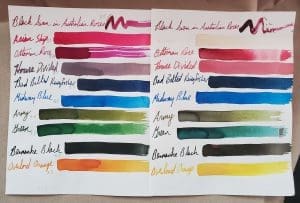Color swatches with handwritten labels on paper.