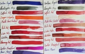 Color swatches with handwritten labels on paper.