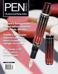 Pen magazine cover with fountain pen focus.