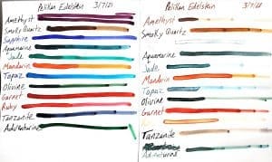 Ink color swatches on paper, various shades.