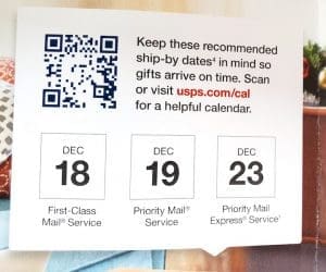 USPS recommended holiday shipping dates calendar.