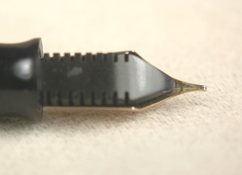 Close-up of a fountain pen nib showing intricate details.