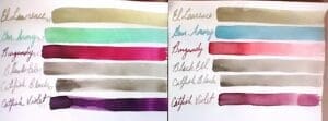 A palette of fabric swatches labeled with various color names.