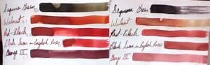 A collection of paint swatches with handwritten color names on paper.